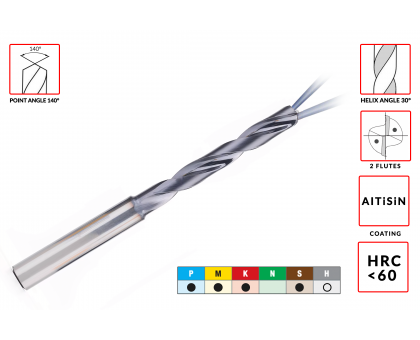 Сверло твердосплавное D10.8хd12.0x55х102мм с СОЖ HRC60 z=2 ц/хв правое монолитное с покрытием AlTiSiN AGIR, фото 1