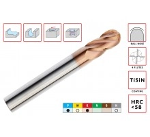 Фреза твердосплавная сферическая R5.0 D10.0xd10.0x20x100мм Z=4 монолитная ц/хв HRC58 с покрытием TiSiN AGIR