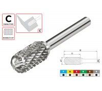 Борфреза (шарошка) твердосплавная по металлу Тип C - сфероцилиндрическая D12.0xd6.0x25x65мм c двойной насечкой AGIR