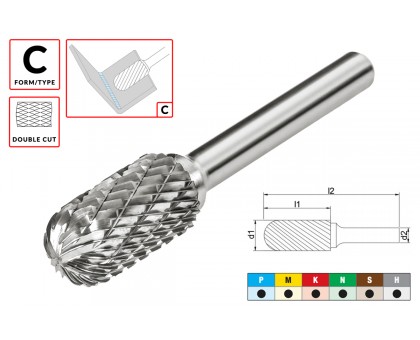 Борфреза (шарошка) твердосплавная по металлу Тип C - сфероцилиндрическая D10.0xd6.0x20x60мм c двойной насечкой AGIR, фото 1