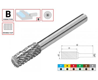 Борфреза (шарошка) твердосплавная по металлу Тип B - цилиндрическая D10.0xd6.0x20x60мм c двойной насечкой AGIR, фото 1