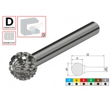 Борфреза (шарошка) твердосплавная по металлу Тип D - сферическая D8.0xd6.0x7x55мм c двойной насечкой AGIR
