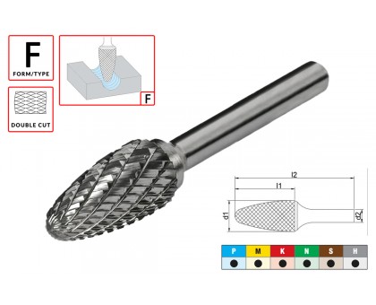 Борфреза (шарошка) твердосплавная по металлу Тип F - сфероконическая D10.0xd6.0x20x60мм c двойной насечкой AGIR, фото 1