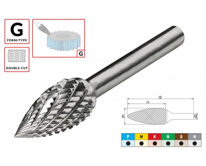 Борфреза (шарошка) твердосплавная по металлу Тип G - сфероконическая (заостренная) D6.0xd6.0x16x63мм c двойной насечкой AGIR, фото 1