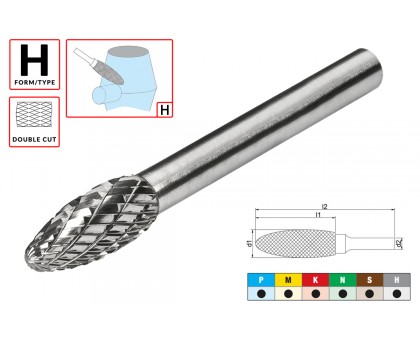 Борфреза (шарошка) твердосплавная по металлу Тип H - пламевидная D8.0xd6.0x20x60мм c двойной насечкой AGIR, фото 1