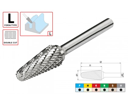 Борфреза (шарошка) твердосплавная по металлу Тип L - коническая с закругленным концом D10.0xd6.0x25x65мм c двойной насечкой AGIR, фото 1