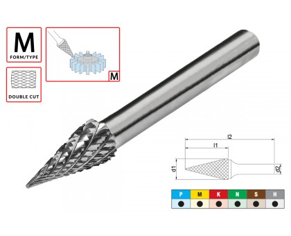 Борфреза (шарошка) твердосплавная по металлу Тип M - коническая D6.0xd6.0x18x63мм c двойной насечкой AGIR, фото 1