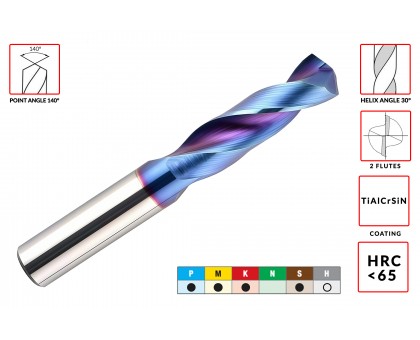 Свердло твердосплавне D8.8xd8.8х40х75мм HRC65 z=2 монолітне ц/хв праве з покриттям TiAlCrSiN AGIR, фото 1