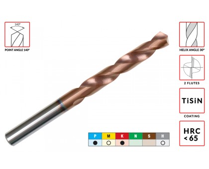 Сверло твердосплавное D12.0хd12.0x38х75мм HRC65 z=2 ц/хв правое монолитное с покрытием TiSiN AGIR, фото 1